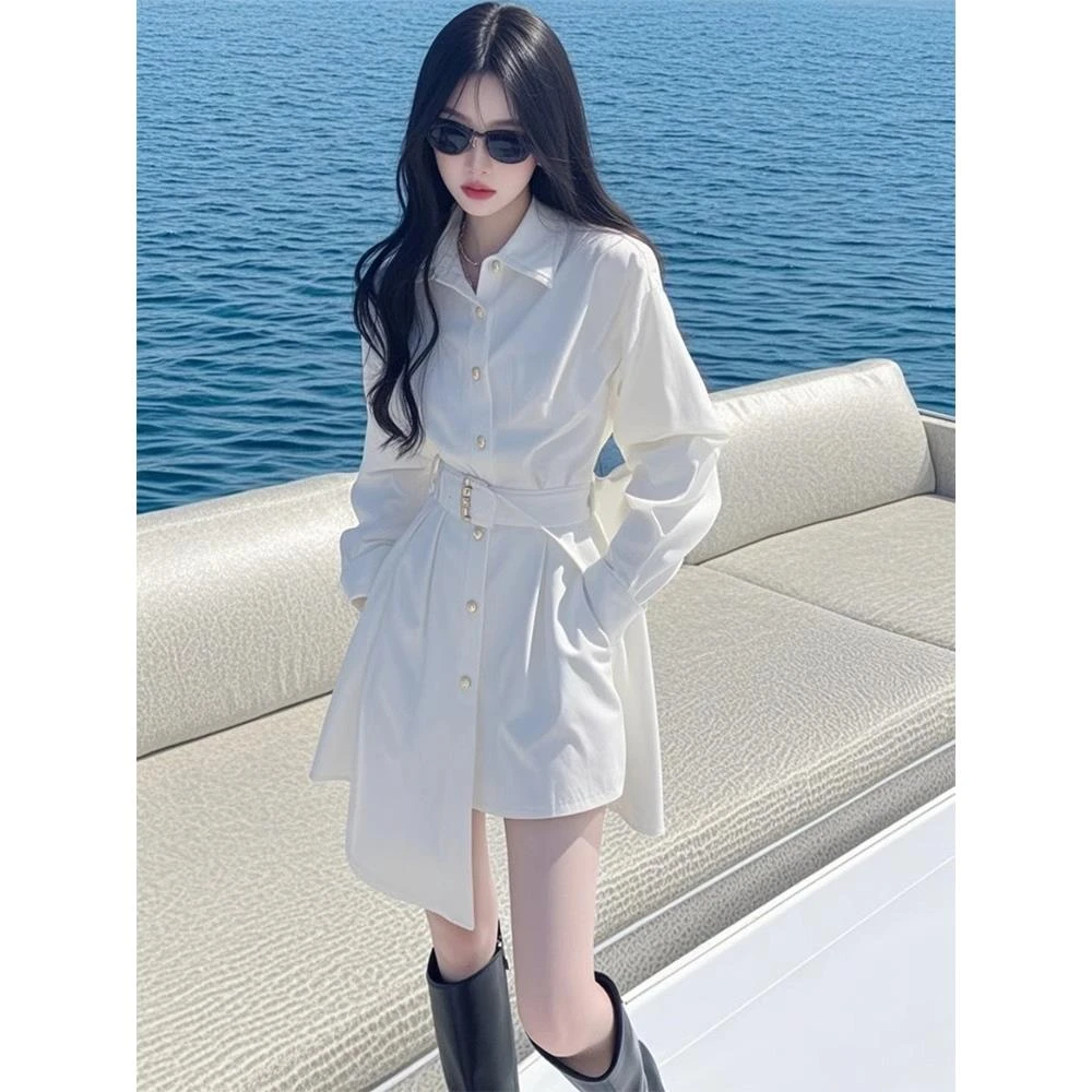2025早春小个子漂亮独特小香风白色不规则显瘦气质长袖衬衫连衣裙