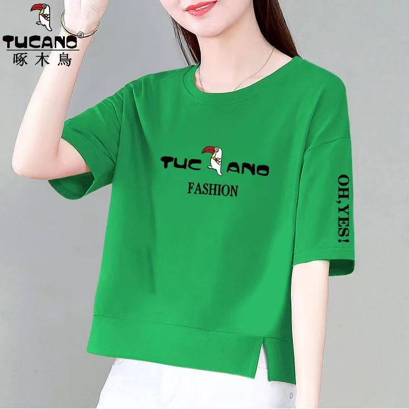 啄木鸟100%纯棉短袖t恤女夏季大码宽松韩版上衣显瘦遮肚体恤衫潮