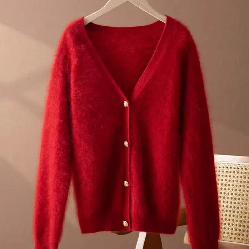 【轻奢皇室拉绒】柔雾感100%纯山羊绒单排扣V领开衫针织上衣