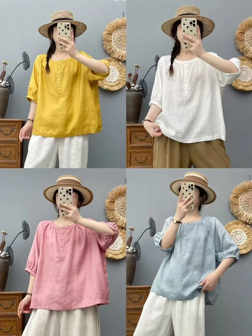 66162新中式圆领中袖全亚麻衬衫套头女文艺百搭宽松上衣
