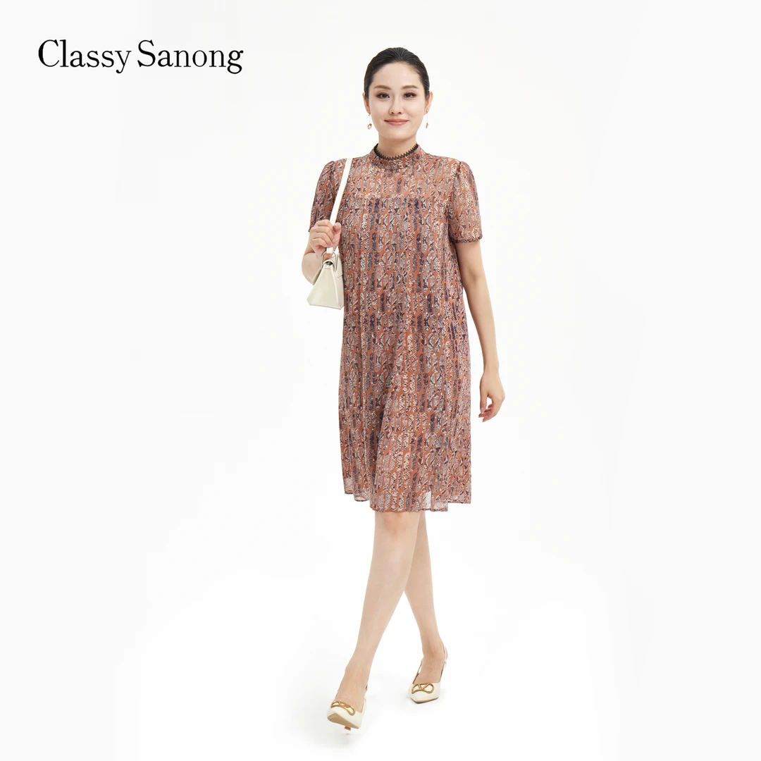 萨侬优雅花色拼接直身气质连衣裙