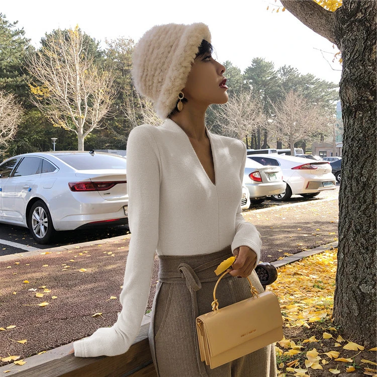 法式气质v领长袖针织衫女秋冬修身性感高级感内搭毛衣打底衫上衣