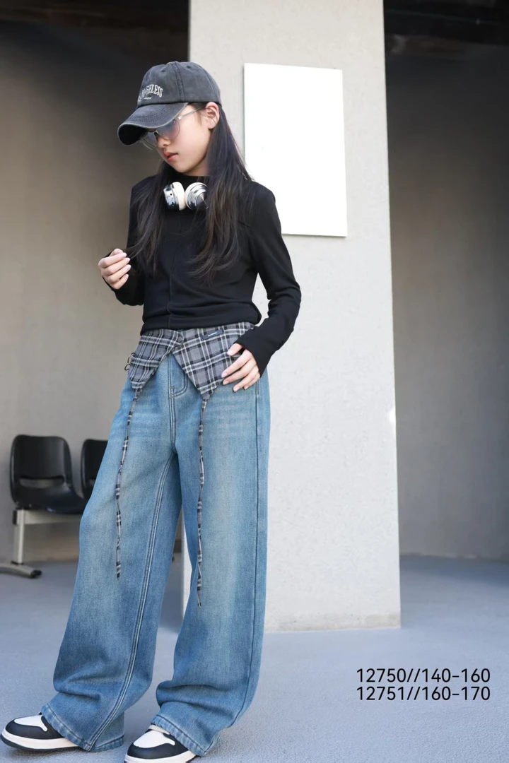 女童直筒牛仔裤加绒裤子儿童浅蓝牛仔拖地裤 布叮12751