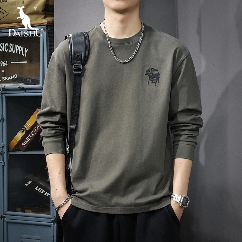 Dai Shu/袋鼠2025新款秋季美式重磅长袖t恤男宽松休闲刺绣上衣潮