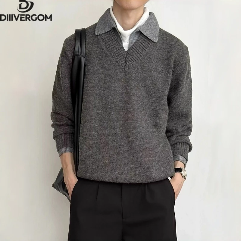 爆款男士假两件双v领毛衣男款冬季慵懒风polo领针织衫翻领打底衫