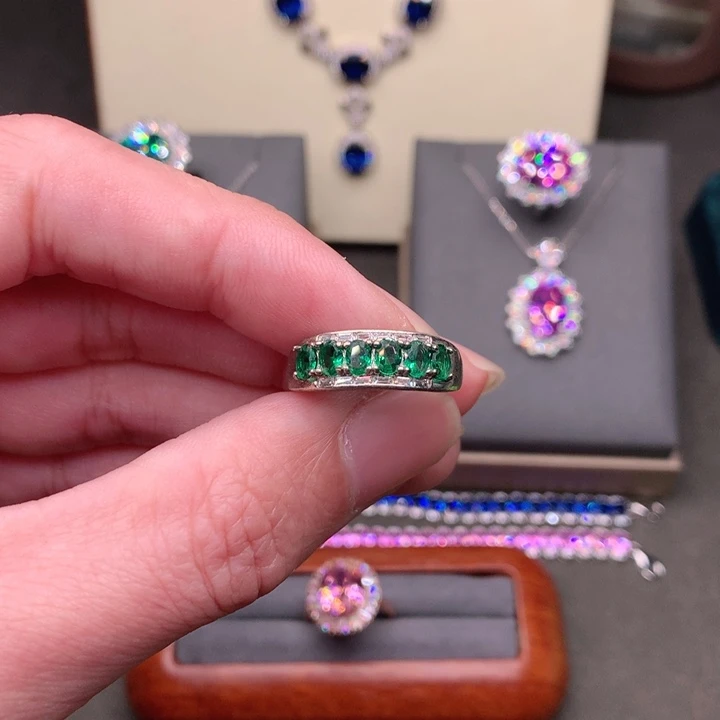 祖母绿银S925镶嵌戒指