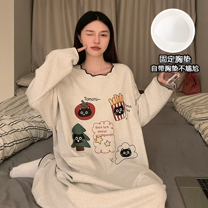 2025年新爆款秋季睡裙女长袖带胸垫网红纯欲风大码孕妇家居服睡衣