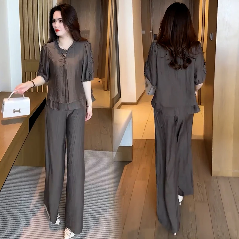 冰丝时尚套装女2025夏季新款显瘦假两件盘扣短袖上衣阔腿裤两件套