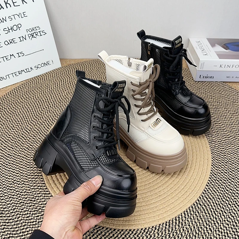 网面镂空马丁靴女2025夏季新款小个子内增高10cm薄款透气厚底凉靴
