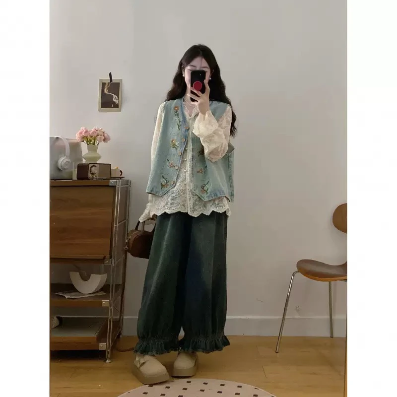 大码盐系穿搭套装女春季马甲休闲上衣胖MM显瘦牛仔半身裙子三件套