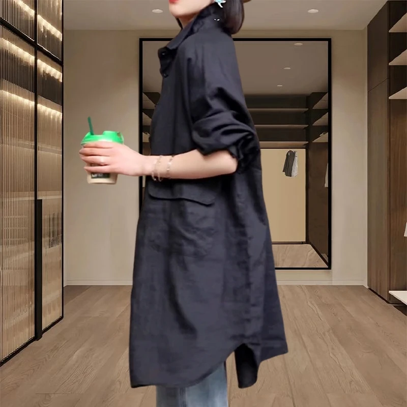 春秋外套女2025新款爆款休闲复古中长款衬衫宽松时尚大气翻领衬衣