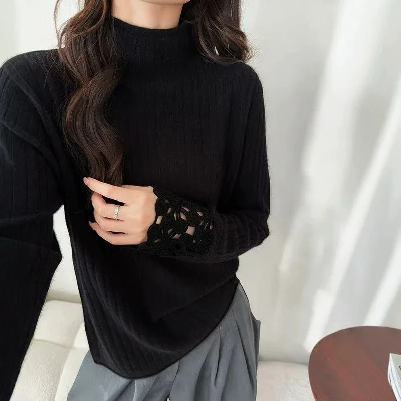 1044高级感半高领针织衫女显瘦保暖镂空袖口设计百搭长袖毛衣上衣