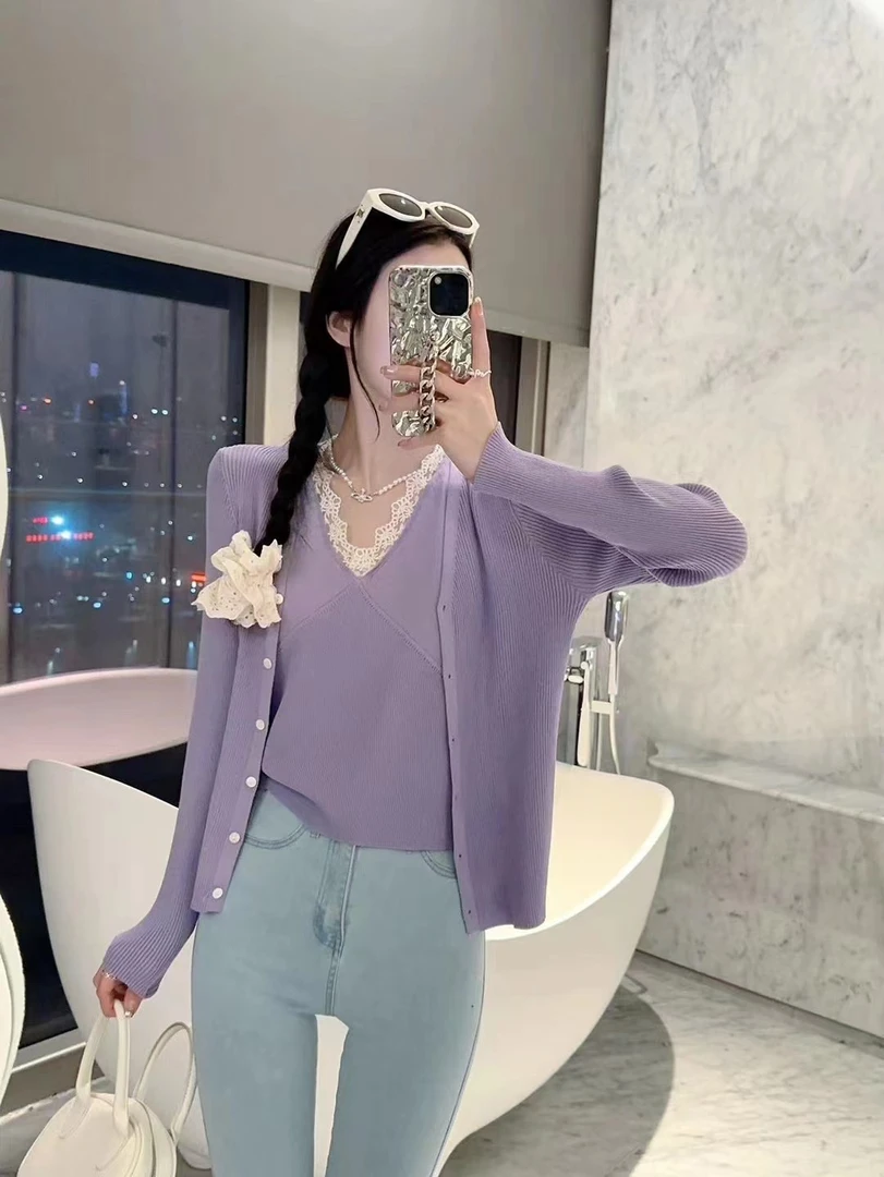 2025春夏气质温柔两件套新款蕾丝V领无袖背心+针织开衫韩版上衣女