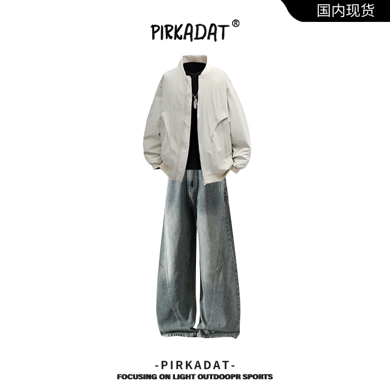Pirkadat秋冬季新款棒球外套水洗牛仔裤男美式街头百搭时尚套装男