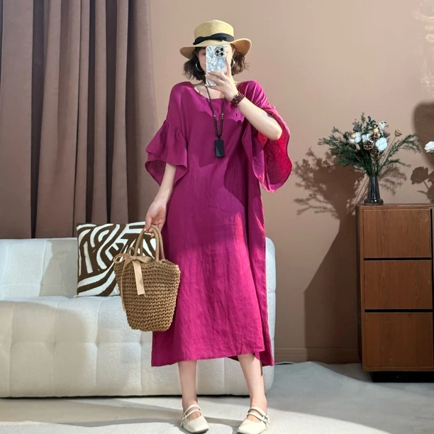 漫漫家非遗服饰【馥郁玫瑰】 100%亚麻法式前后两穿荷叶袖连衣裙女