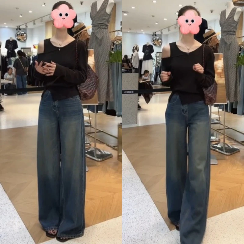 侧露肩长袖显瘦上衣T恤+撞色腰边复古阔腿牛仔裤LK2505506