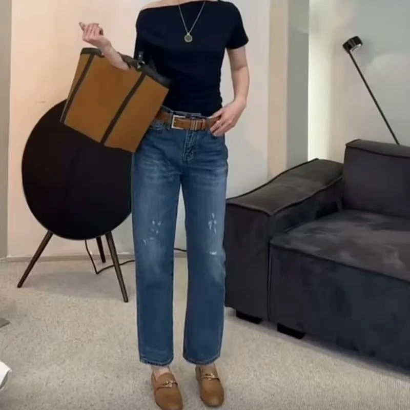 飞芊娅新款爆款高腰宽松显瘦牛仔裤女梨形身材休闲九分直筒烟管裤
