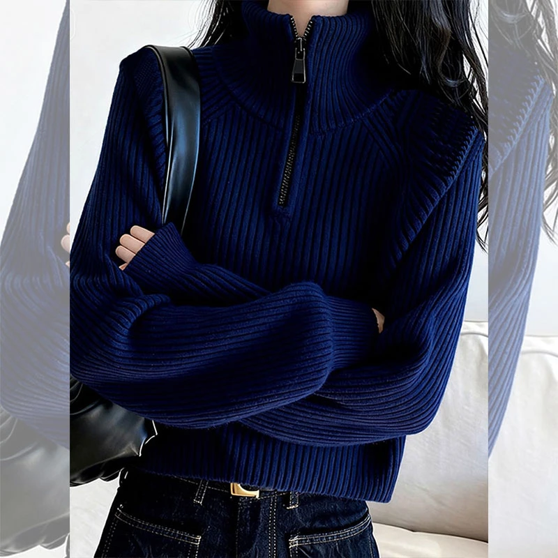 秋冬新款半拉链针织衫毛衣女时尚百搭洋气减龄女装设计感别致小衫
