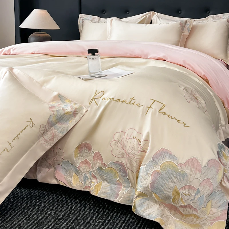 轻奢A类160支纯棉四件套加厚磨毛花卉刺绣被套全棉床单床笠款床品