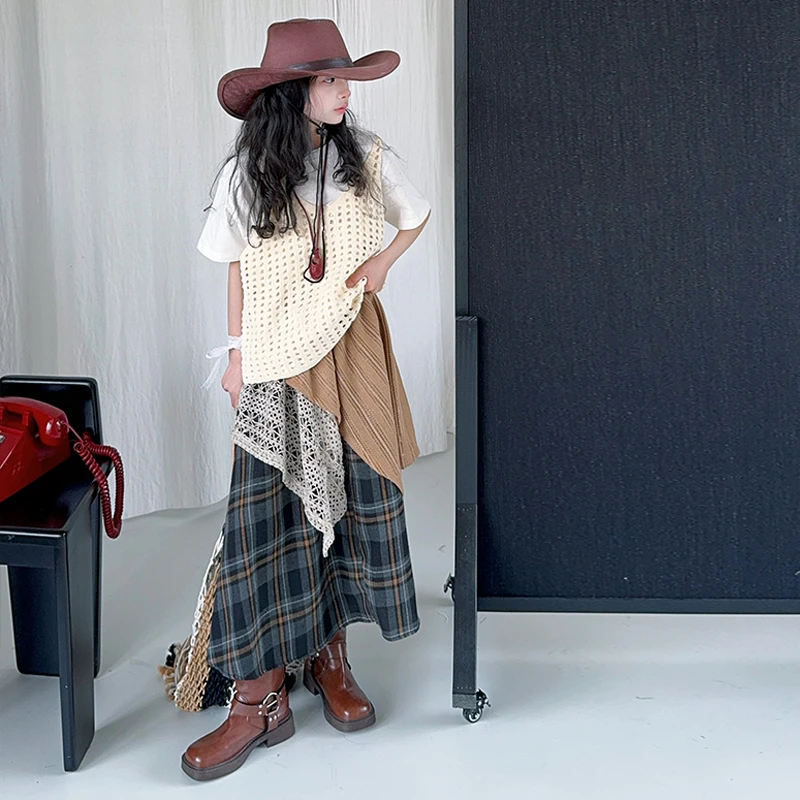 俏咪咕女童春夏套装2025新款女大童美拉德马甲短袖三件套儿童裙装