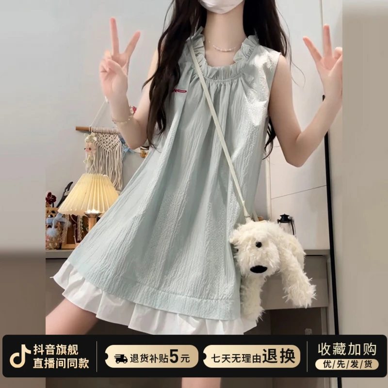 学院风复古小个子穿搭2025新款木耳边拼接短款无袖背心连衣裙女夏