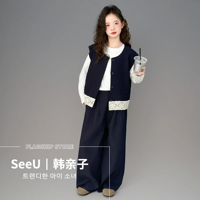 女童儿童童装套装新款休闲日常针织三件套秋款潮韩系花边女大童