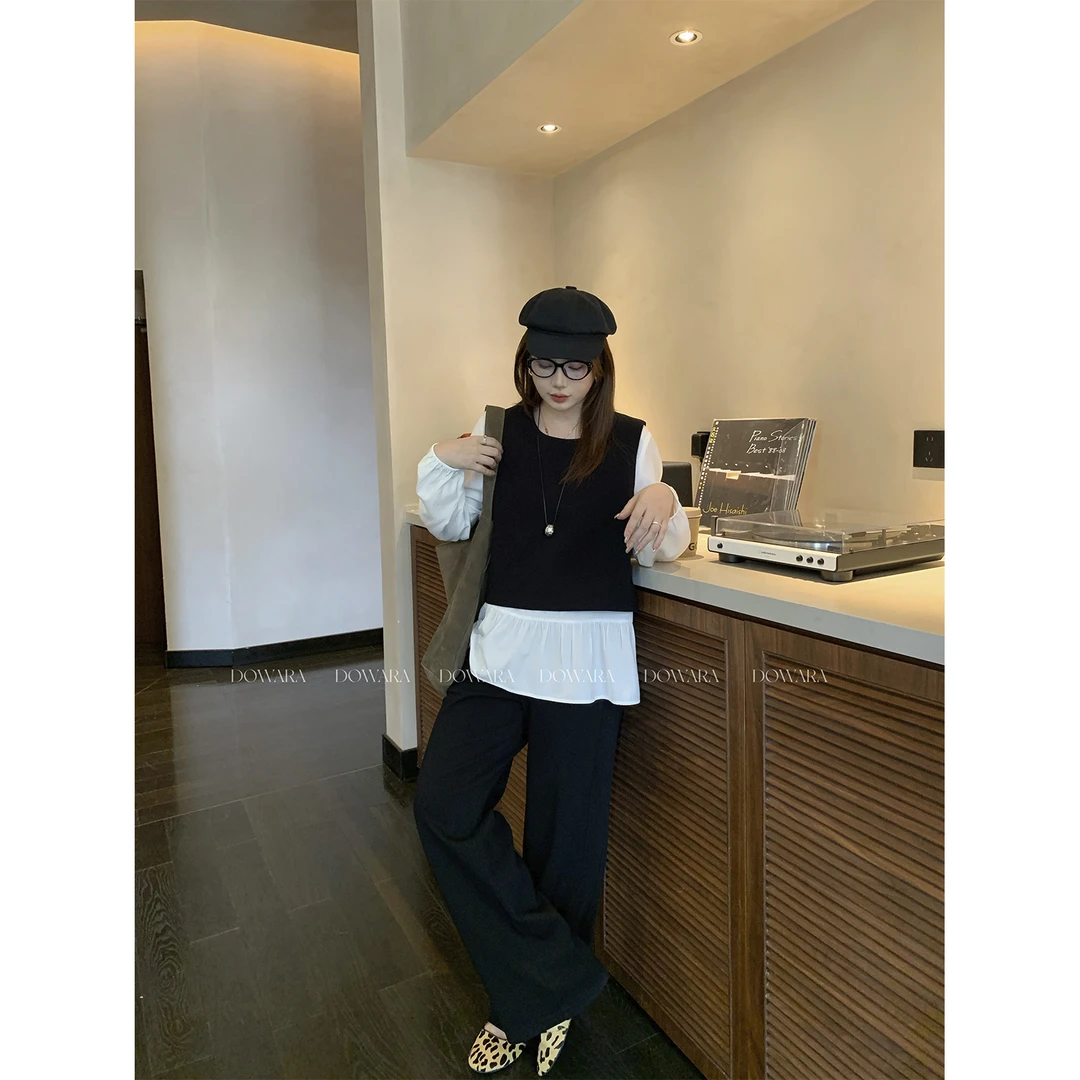 现货大婉酱微胖定制【静雅黑白套装】秋季显瘦假两件上衣+裤子2019D