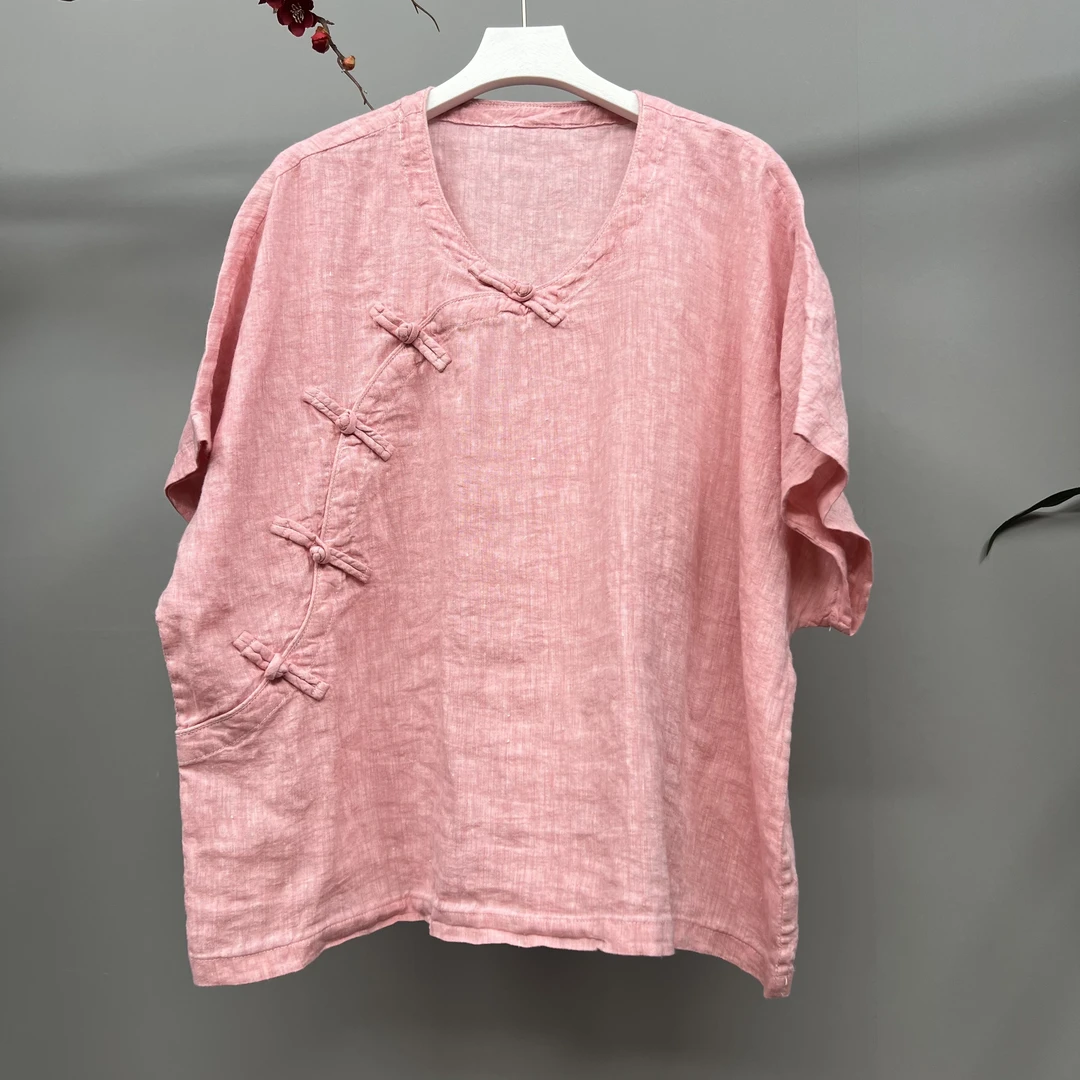 【语禾】3274福利雨露色织麻斜襟盘扣圆领套头小衫（衣长60胸围135）