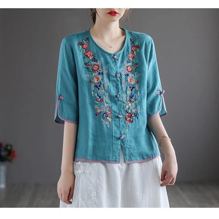 【现货+运费险】复古民族风棉麻盘扣七分袖立领衬衫宽松显瘦开衫Y21