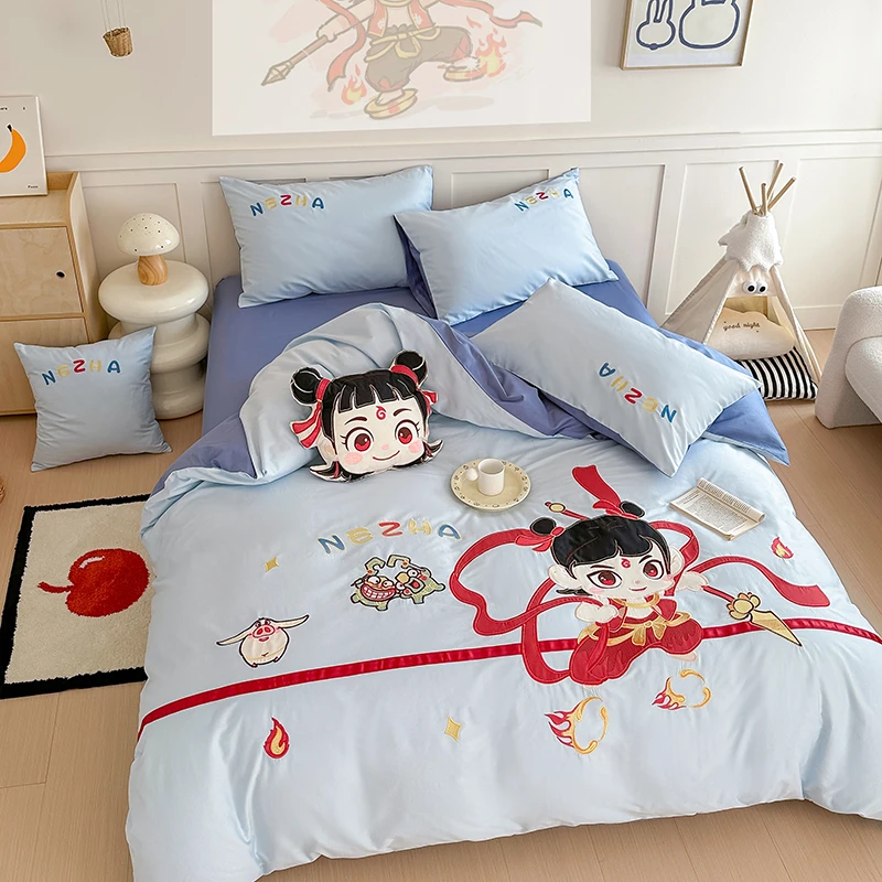 床上用品四件套100全棉四季通用可爱卡通蓝色被套四件套男女孩