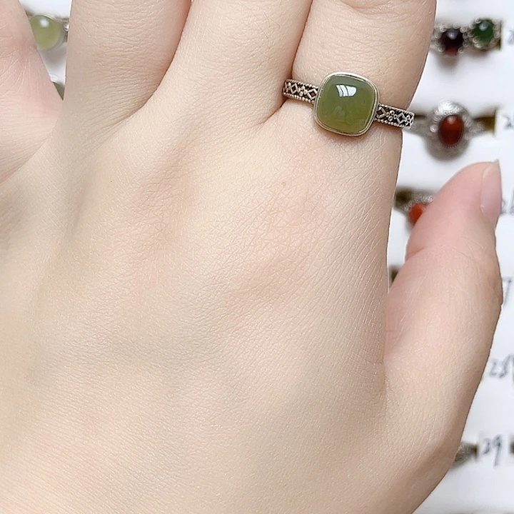 和田玉戒指银S925镶嵌天然