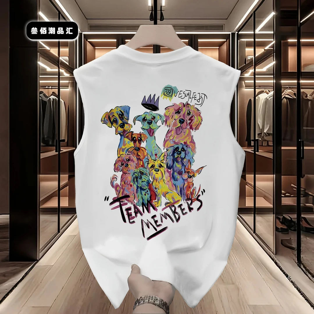 2025夏季潮牌新款重磅品质印花圆领背心无袖宽松休闲t恤男士上衣