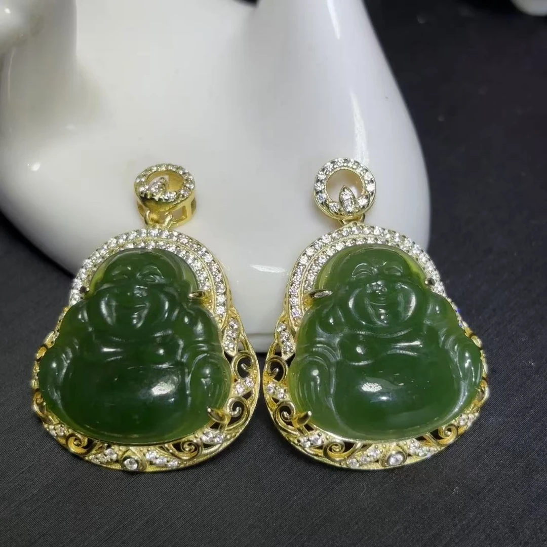 HY4659【福嘟嘟】S925银镶和田玉碧玉佛公吊坠-配链-多样性只发一件