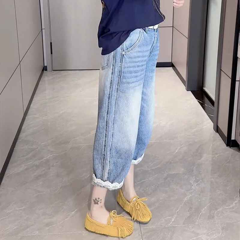 2025夏季新款高腰重工蕾丝花边阔腿牛仔裤宽松直筒显瘦牛仔九分裤