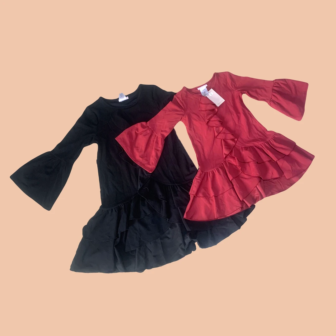 BJ法式甜美超仙喇叭袖长袖收腰荷叶边亲子连衣裙