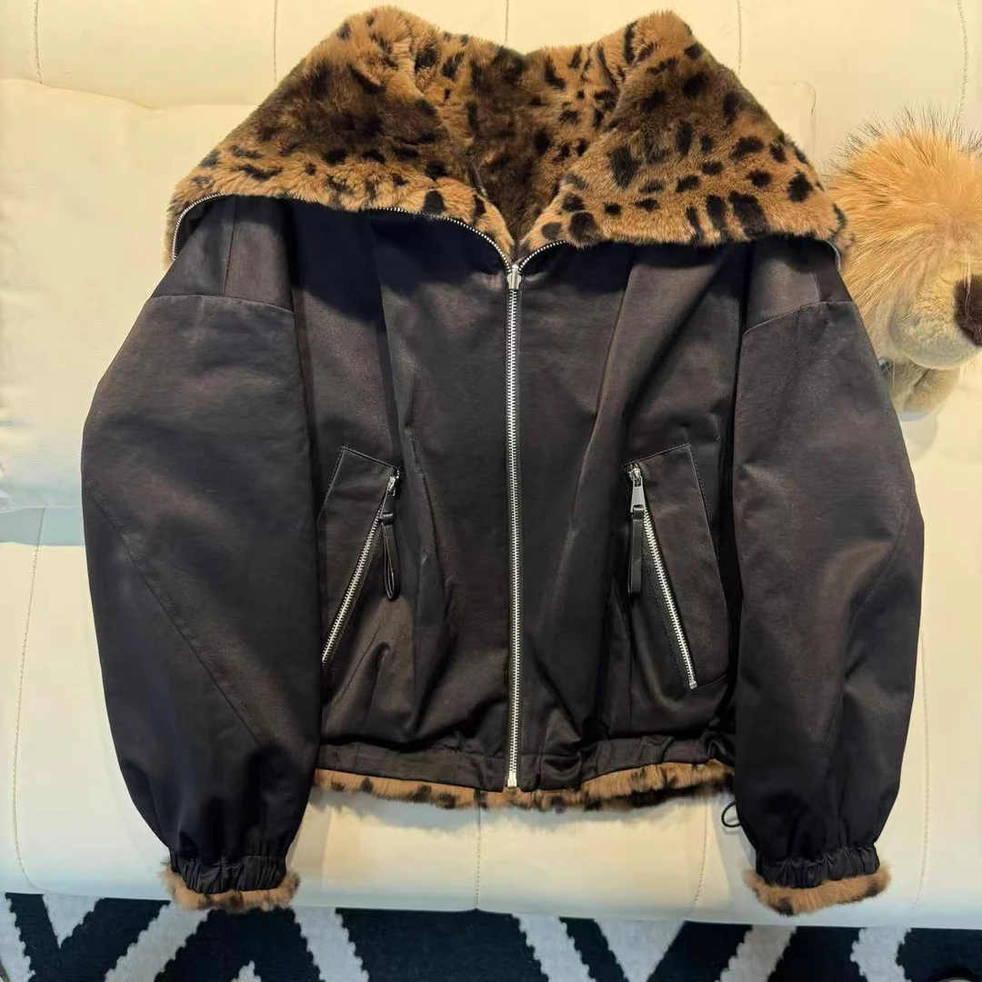 【YISHAN-】时尚奢华时髦豹纹双面穿海军领皮草外套25390