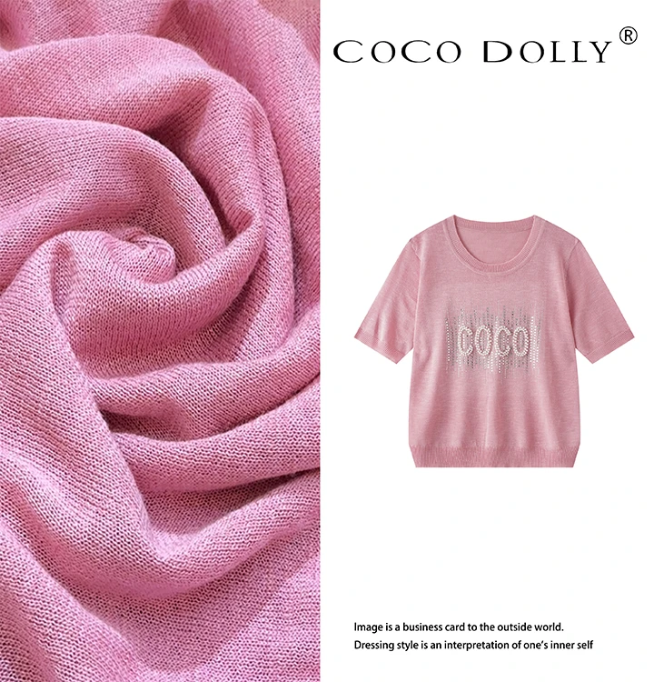 COCO DOLLY重工圆领短袖T恤新款百搭镶钻时尚珍珠设计感上衣8230