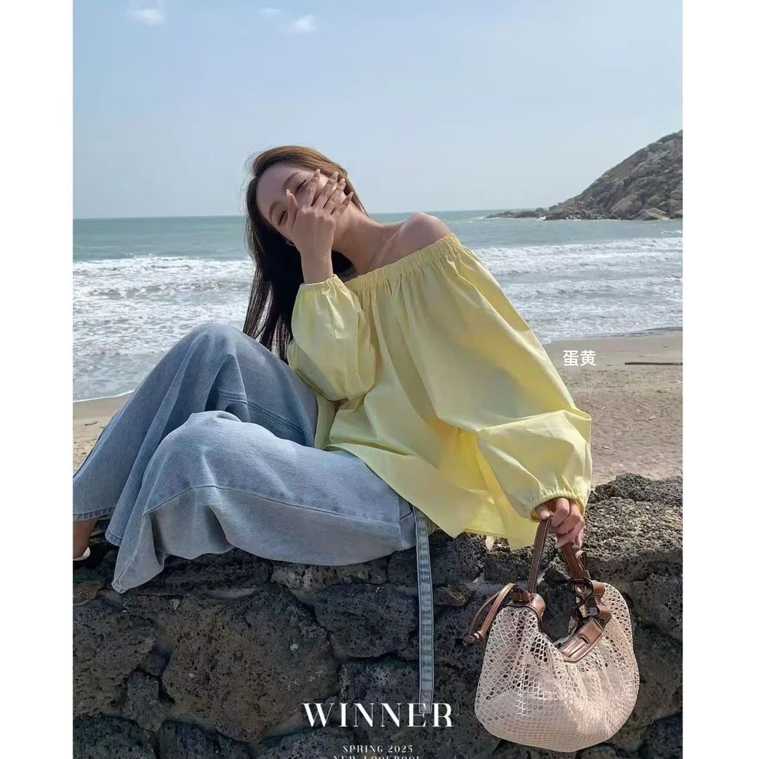 法式温柔甜美显瘦一字肩衬衣6698 衣长58