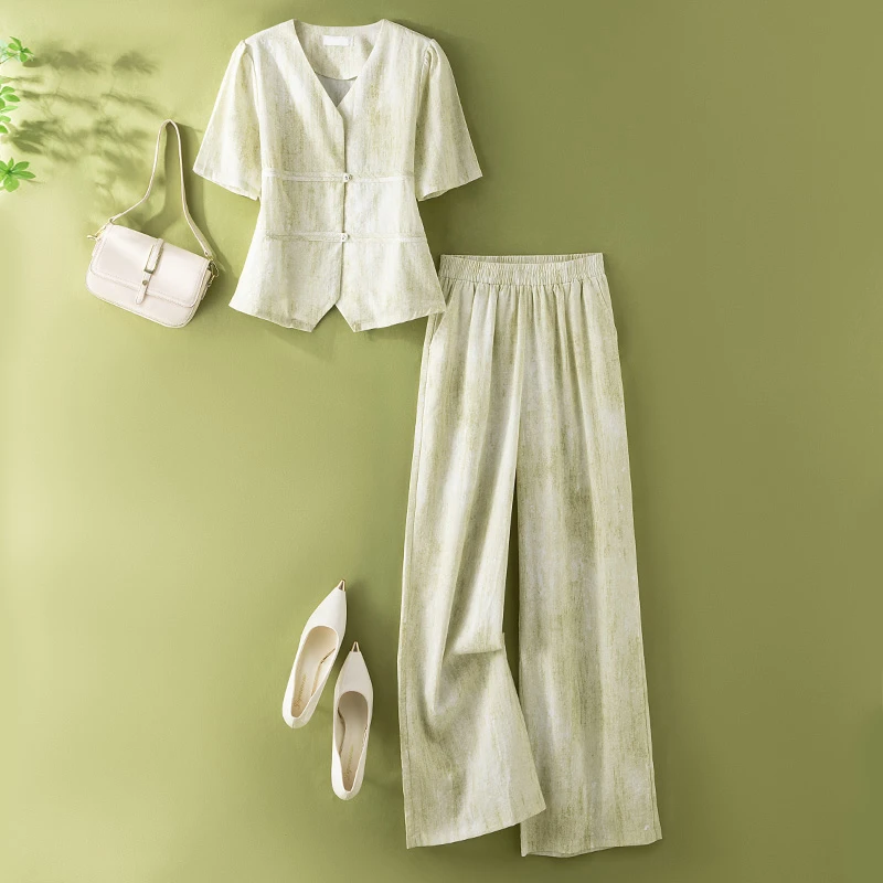 时尚休闲套装女新中式国风盘扣衬衣阔腿裤子两件套女2025夏季新款