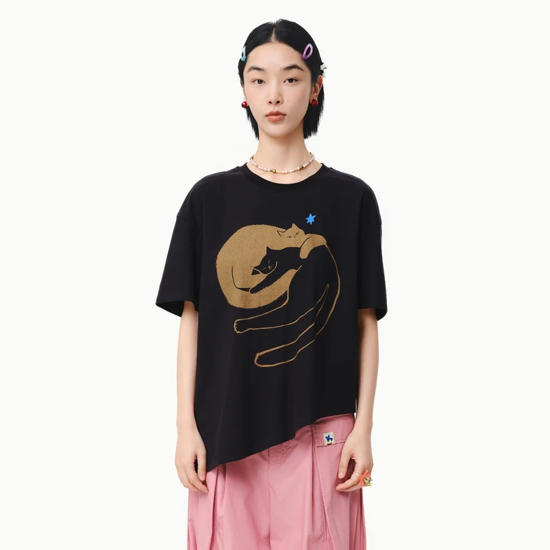 MOVEUP幻走2025夏季新款.FUN圆领猫咪印花设计短款T恤女325110568