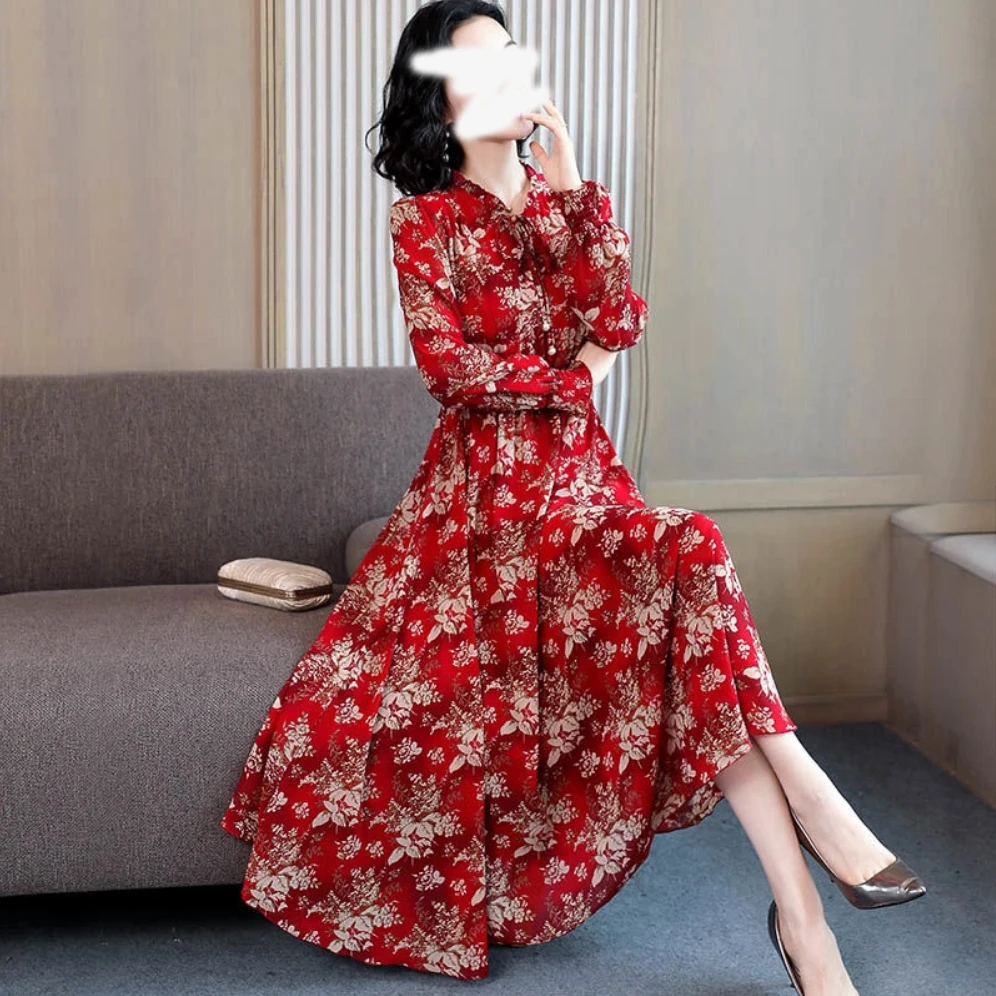 春秋季女款v领长袖碎花连衣裙-A0049
