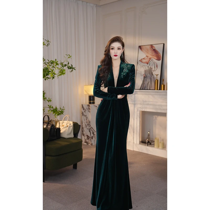 尤克菲儿 轻奢高定丝绒拼接网纱裙气质优雅高级绣花手工钻连衣裙