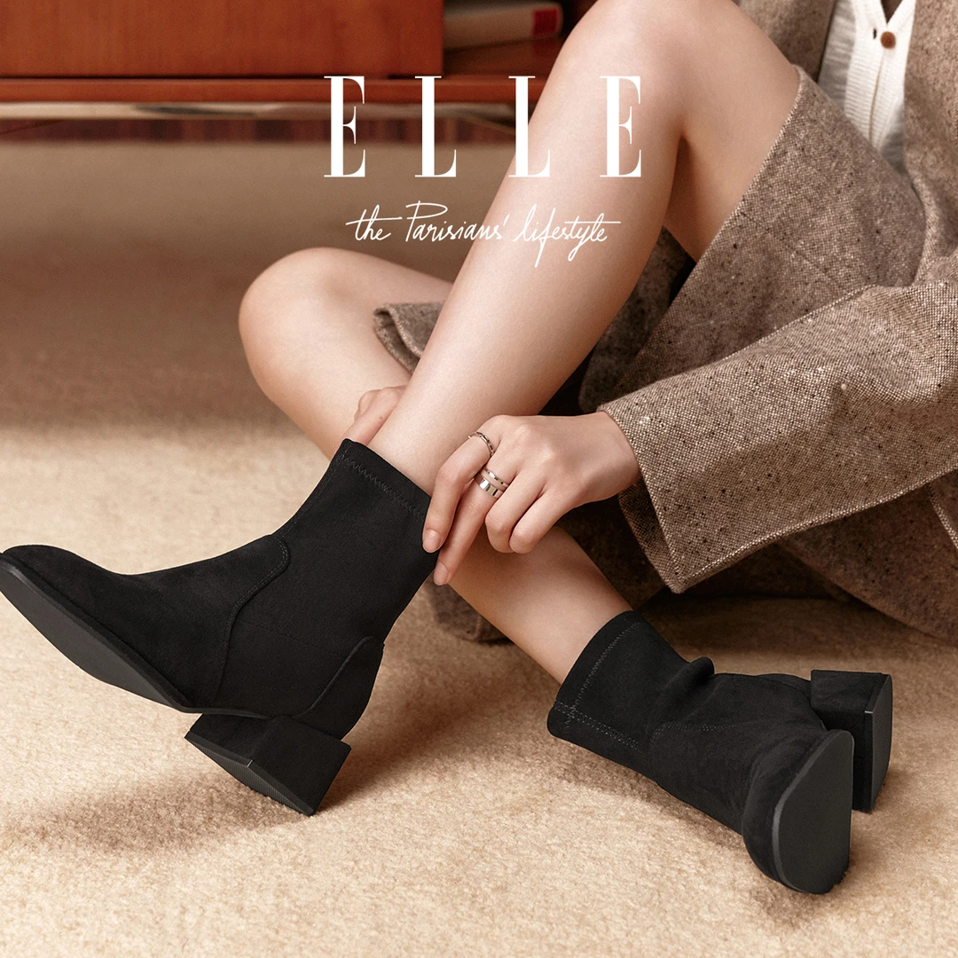 ELLE显腿长高跟短靴女2025新款时髦弹力袜靴加绒瘦瘦靴韩系小踝靴