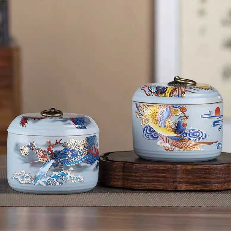 龙凤呈祥汝窑茶叶罐两个装