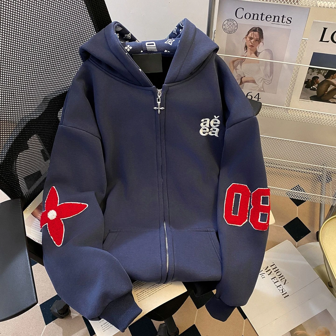 美式潮牌字母刺绣连帽卫衣女2025秋冬宽松慵懒风情侣加绒加厚外套