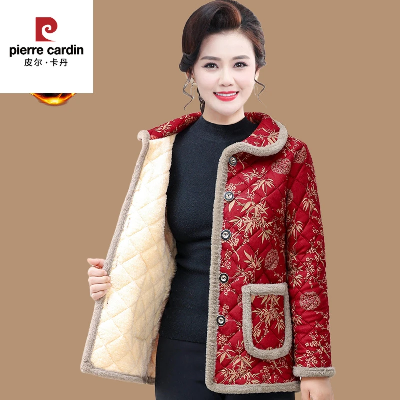 皮尔卡丹中老年女冬季棉衣洋气新款加绒妈妈花色棉服奶奶外套加厚