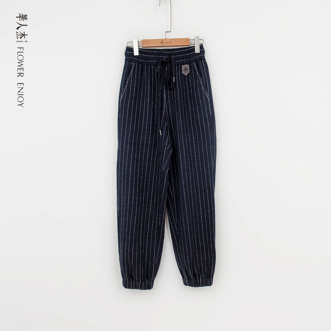 华人杰-秋冬含羊毛百搭时尚宽松女士中腰知性御寒哈伦休闲裤条纹