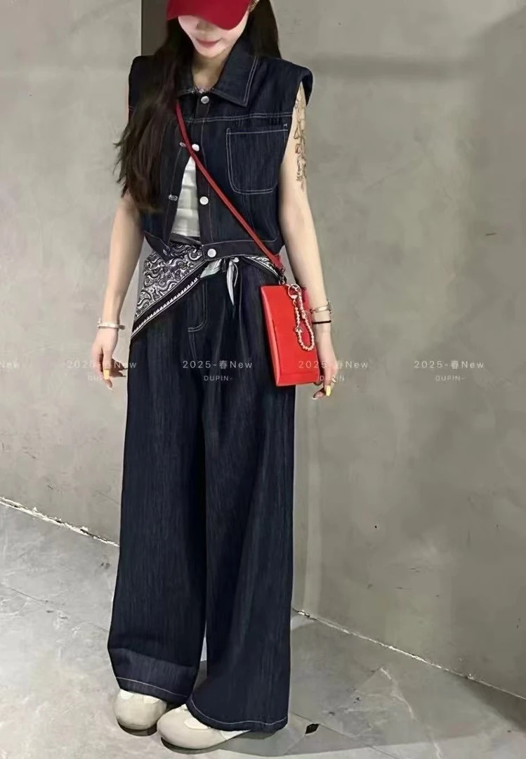 ADLA158以上拍新款牛仔套装裤子马甲裤子两件套高级感送腰带