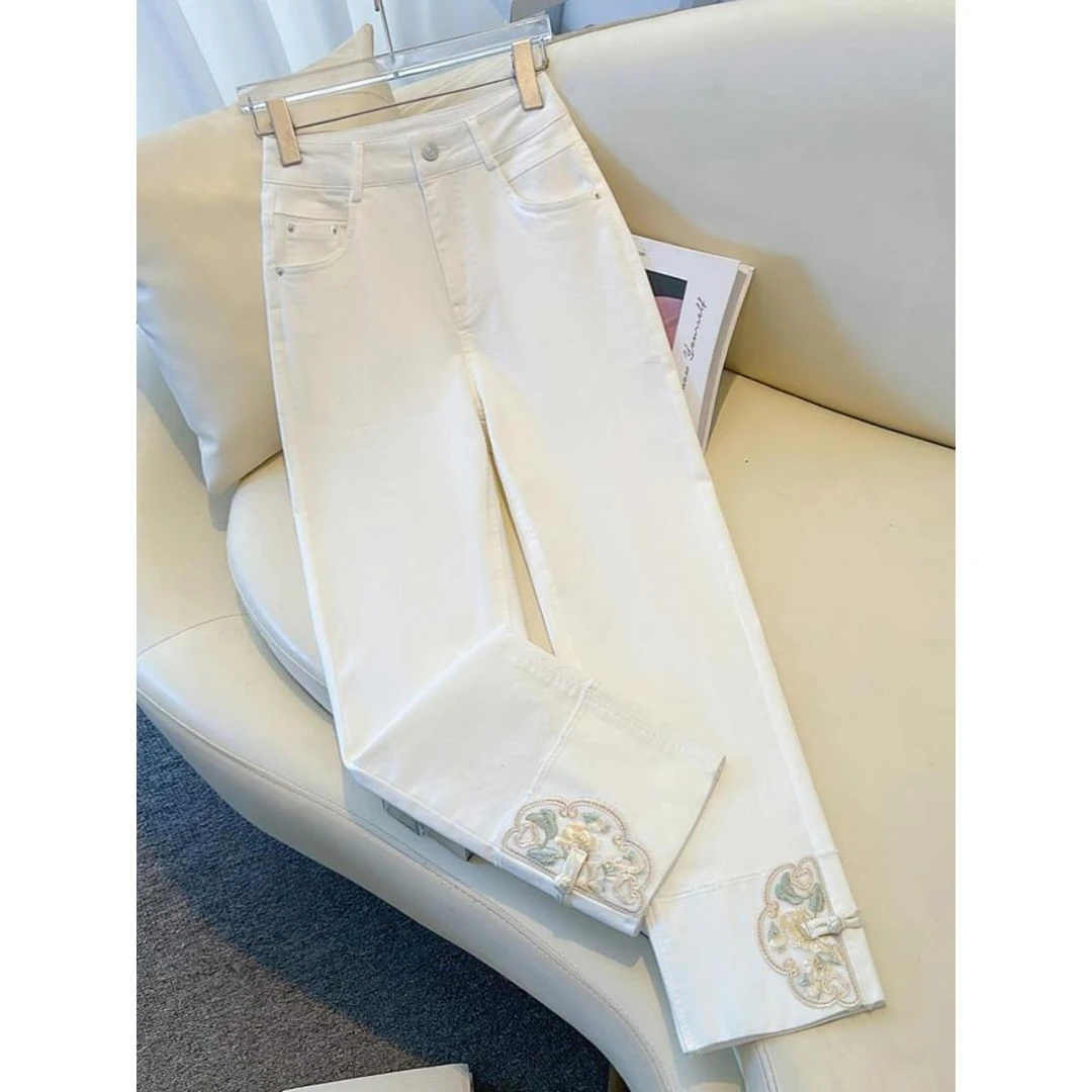 白色国风烟管牛仔裤女2025夏季新款高腰新中式刺绣薄款九分直筒裤