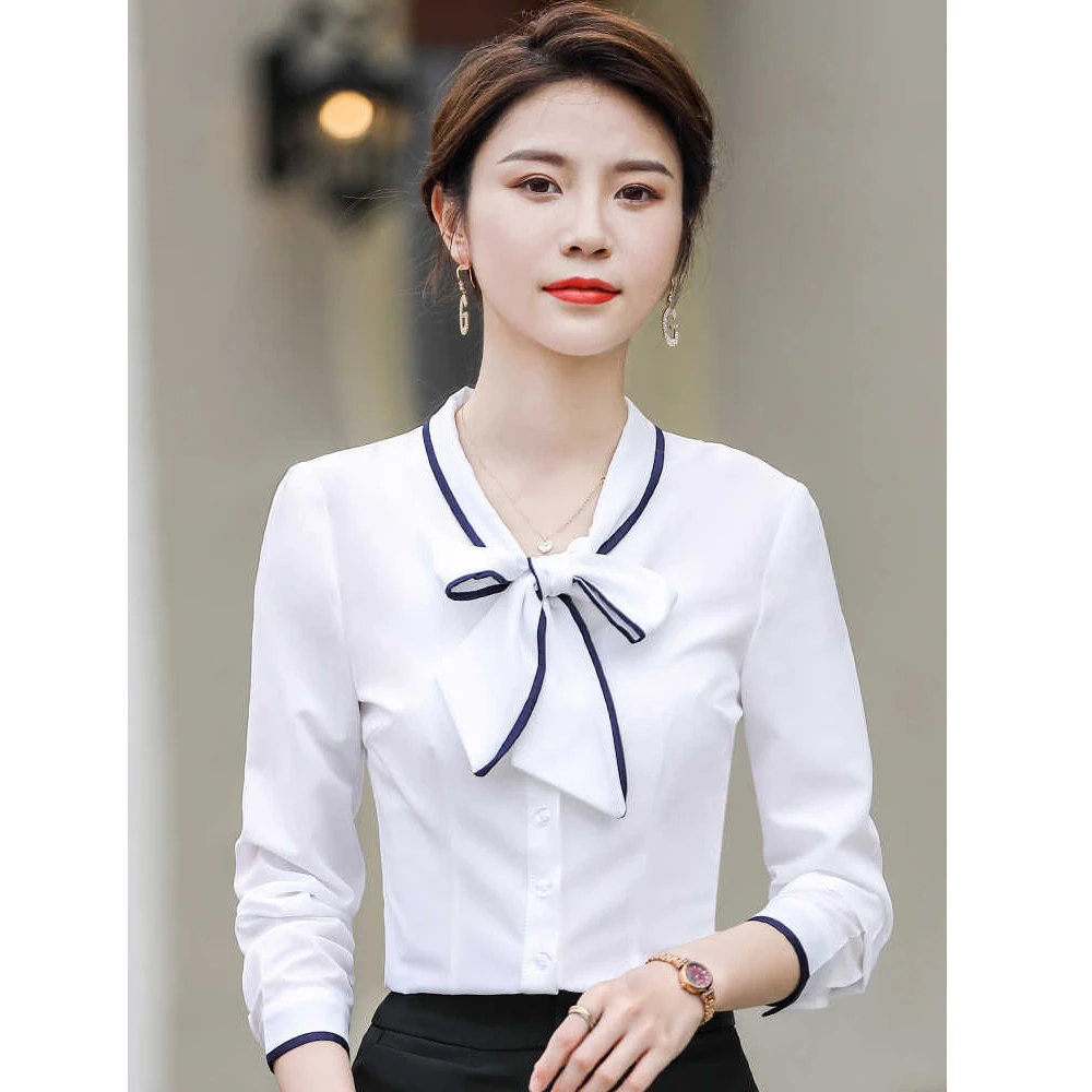 蝴蝶结白色衬衫女春秋新款职业气质长袖上衣修身时尚洋气雪纺衬衣